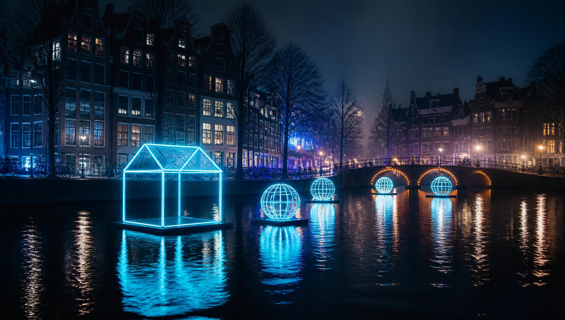 Light artwork reflected in an Amsterdam canal at night